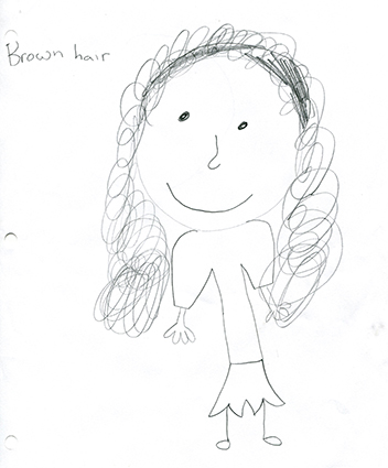 Tall girl, who is slender and has a large head and brown hair.