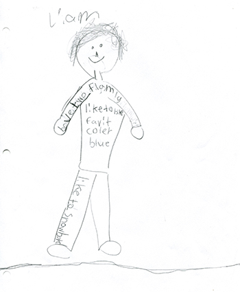 Liam has two families, his favorite color is blue and he likes to snowboard.