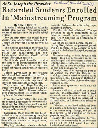 A newspaper article in 1958. Headline reads Retarded students enrolled in “Mainstreaming” Program.