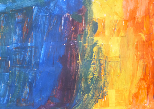 Mixed media on paper representation of three colors set in motion.