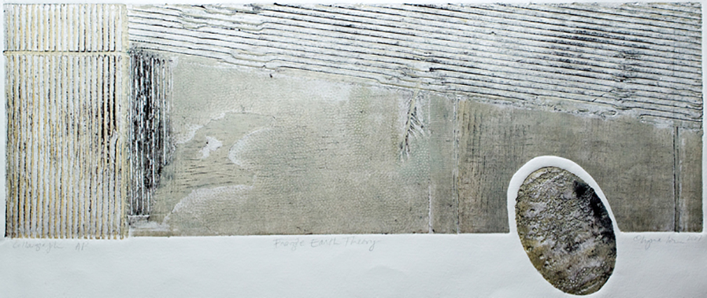 Black and white horizontal photograph that is a collage of an abstract scene, including simulated corrugated cardboard and an oval section that resembles a thumbprint.