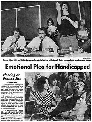 Newspaper clipping with picture of Ed Roberts and two others testifying before congress.